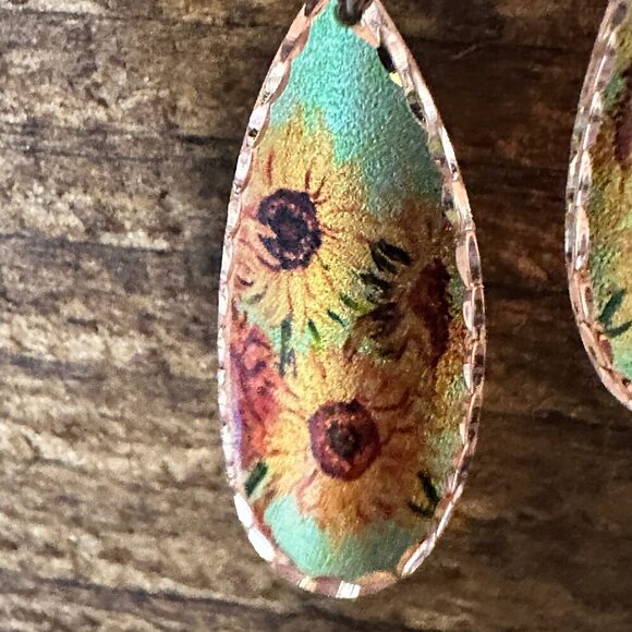 Handmade Boho Copper Earrings, Diamond Cut Van Gogh Sunflowers Earrings, Gift B - Picture 4 of 10